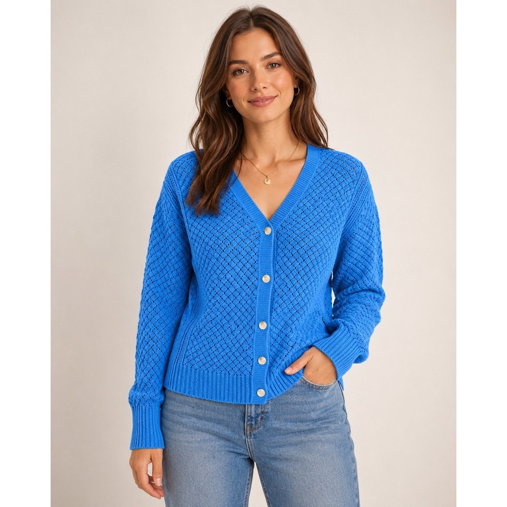 Sonoma Women's Blue V-neck Crochet Cardigan Button Front Long Sleeve Size 3X